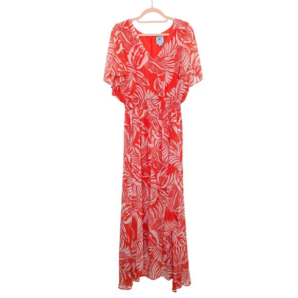 CeCe Floral Tropical Printed V-Neck Smocked Maxi Dress Orange Size Large - Picture 4 of 11